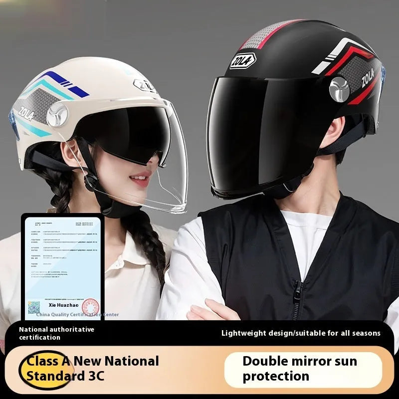 Children's motorcycle half helmet with double mirror visor in light brown colour variant
