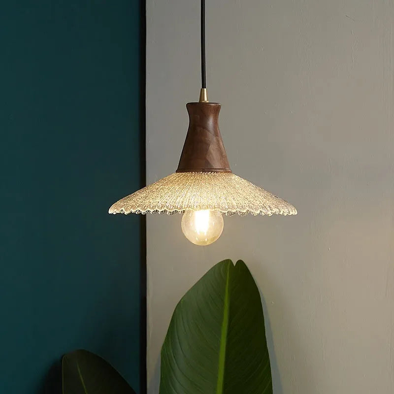 Retro wood and glass chandelier with brass finish in three size options