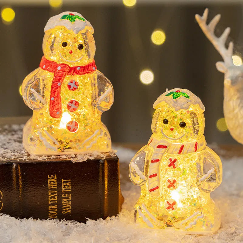 Glowing plastic gingerbread man and snowman Christmas ornament with modern design in red scarf variation