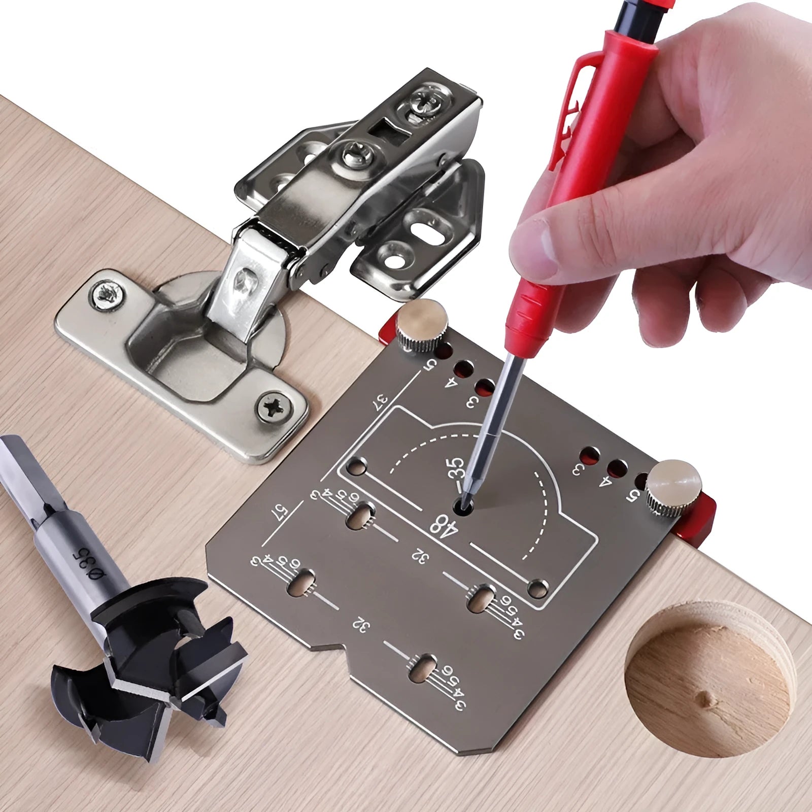 Red aluminium alloy hinge locating ruler with adjustable margin settings for 35mm cabinet door hinges.