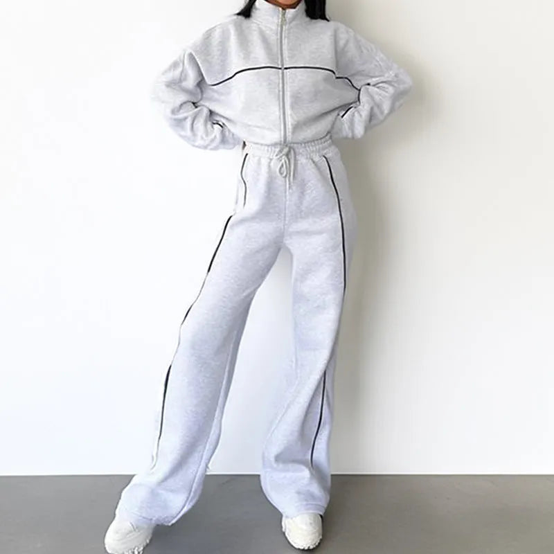 Casual polyester suit set with mock neck hoodie and lace-up striped trousers in six colour options