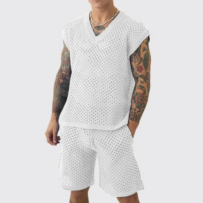 Men's blue cotton knitted sleeveless vest and matching shorts set for summer sports.