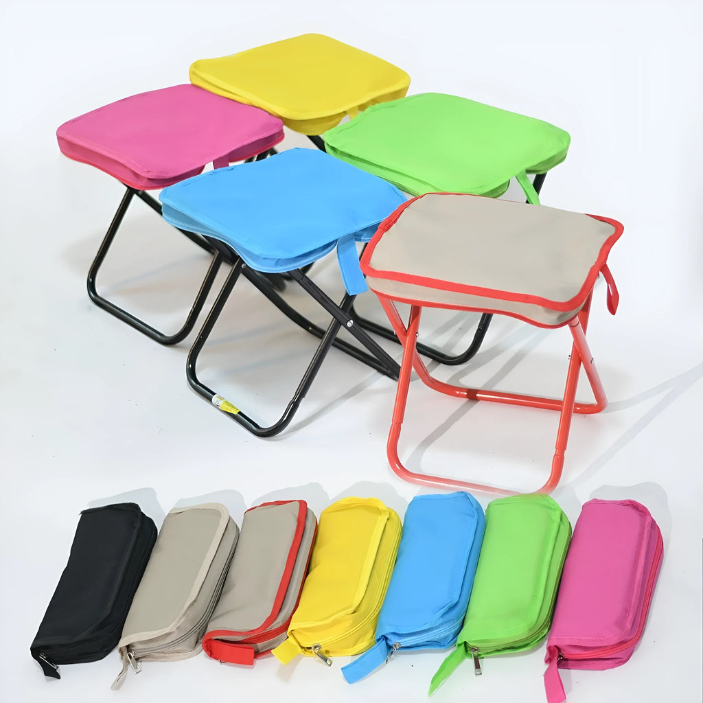 Outdoor foldable pencil box stool with Oxford cloth seat shown in khaki colour, folded and unfolded.