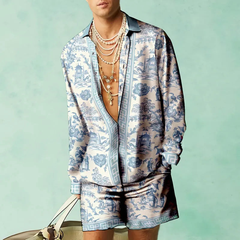 Men's slim fit summer shirt and shorts set in coordinating colours on hanger