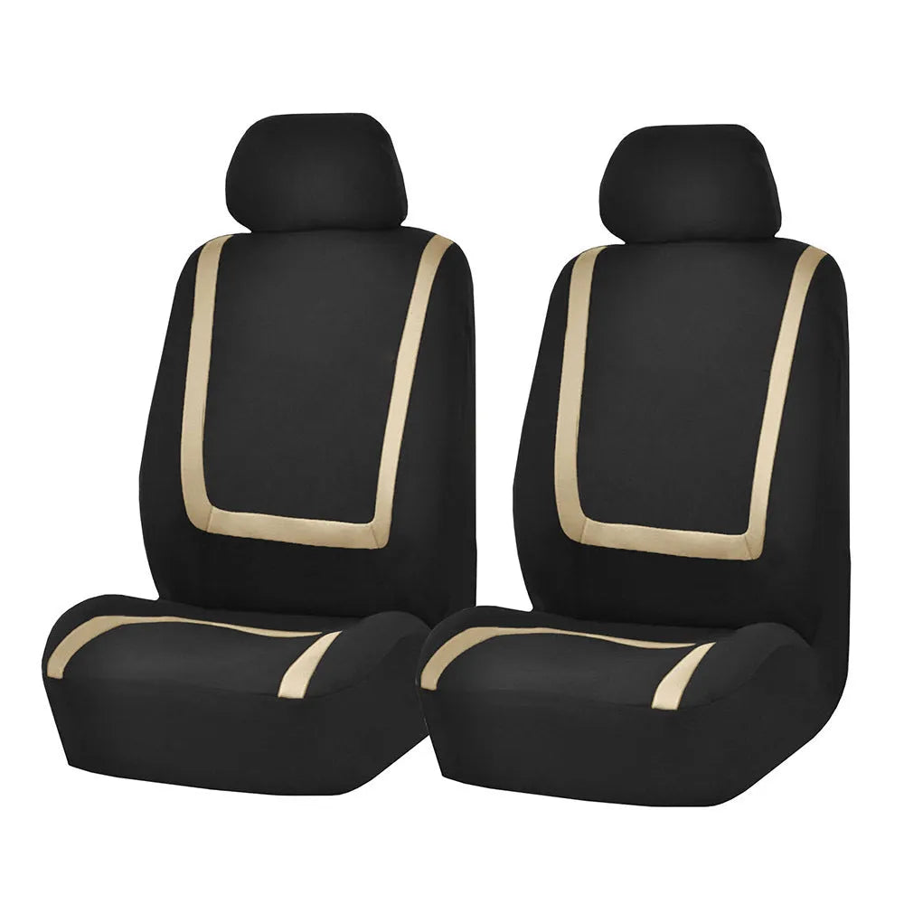 Fully enclosed universal car seat cover set in fabric material, showing headrest and seat panels.