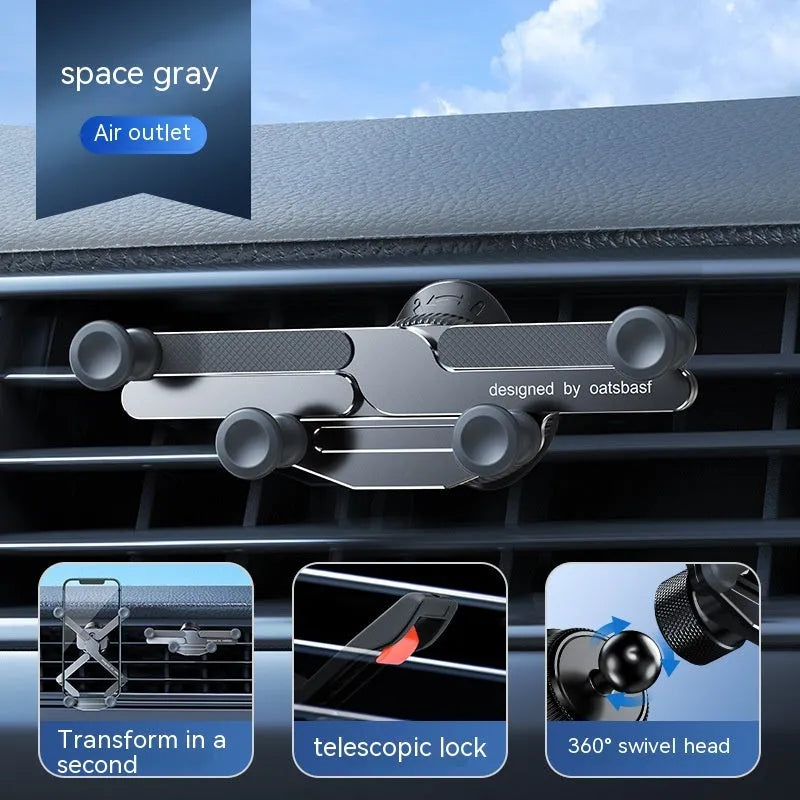 Invisible alloy car phone bracket showing air vent and dashboard mounting options in black, silver and grey colours
