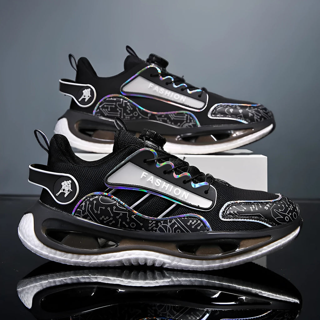 Men's low-top mesh sports shoes in black colour with elastic band closure and popcorn TPU sole