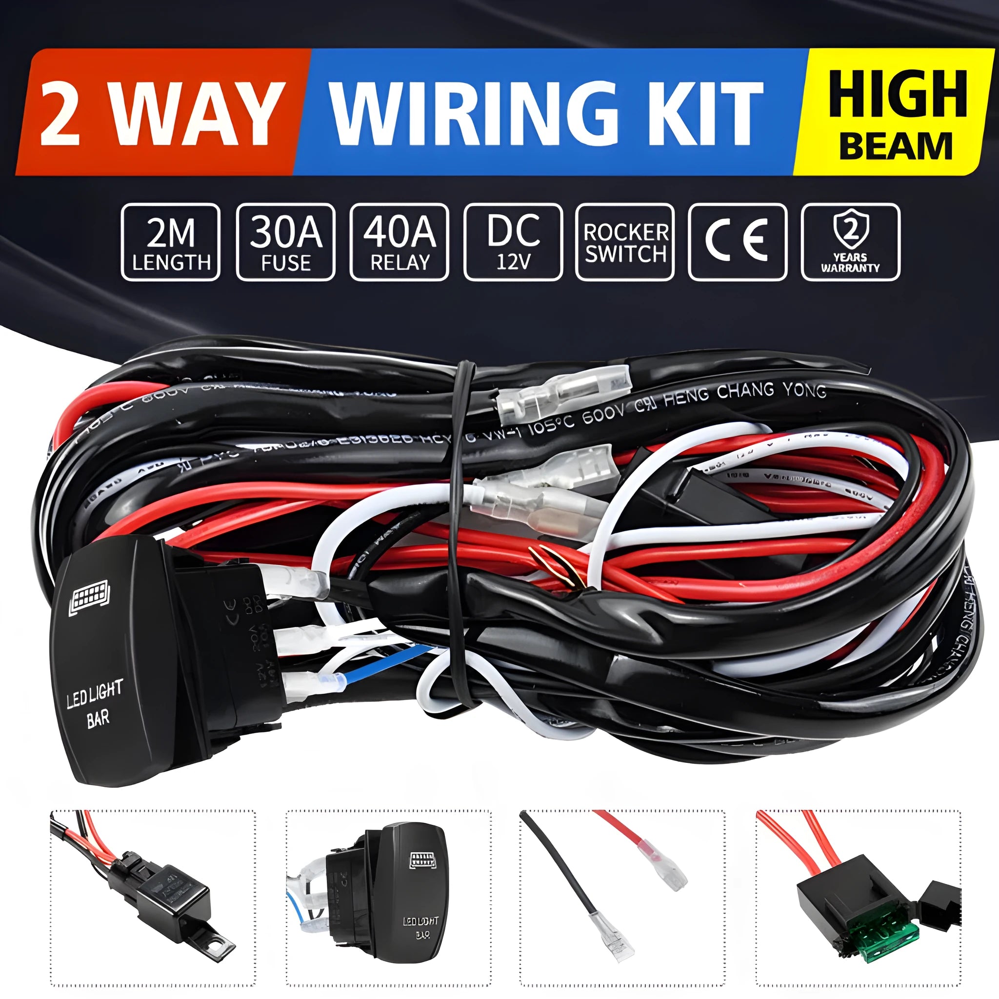 Black off road LED spotlight wiring harness with 2 metre cable and integrated light bar switch