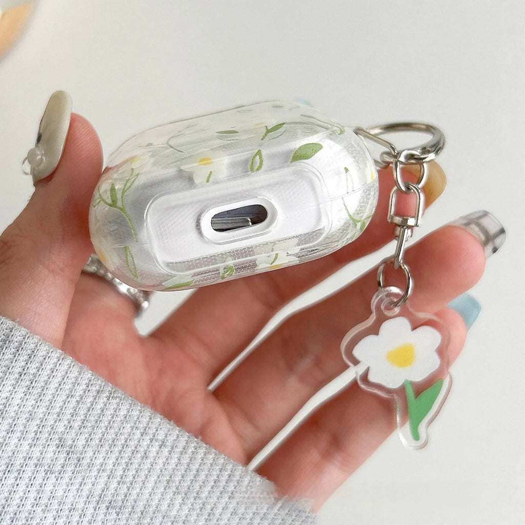 White floral pattern TPU protective case for Apple AirPods on transparent background