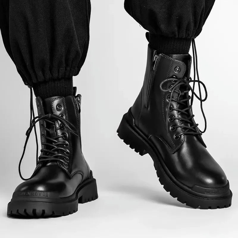 Men's black mid-top leather-style boots with rubber sole showing waterproof non-slip design