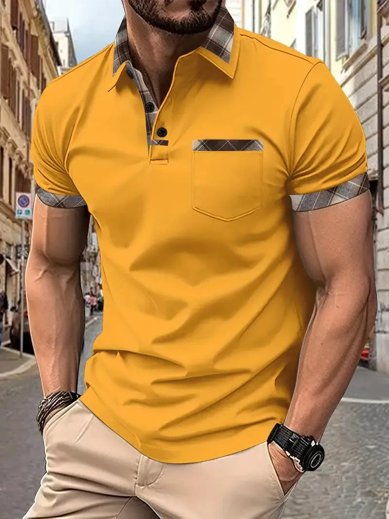 Men's plaid colourblock t-shirt with zipper decoration on front, short sleeves, loose fit