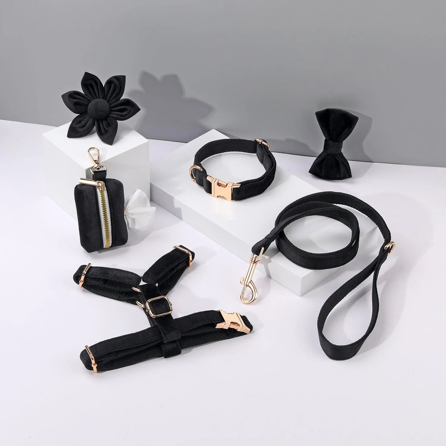 Velvet pet collar and traction rope set with bow tie and flower accessories in multiple colour options