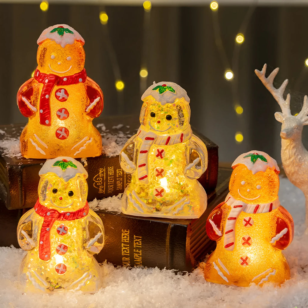 Glowing plastic gingerbread man and snowman Christmas ornament with modern design in red scarf variation