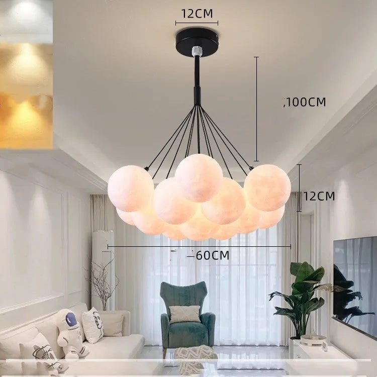 Nordic moon bubble LED chandelier with iron frame and PMMA lampshade in gold or black finish