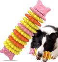 Blue, green, and pink caterpillar-shaped natural rubber dog chew toy on a white background.