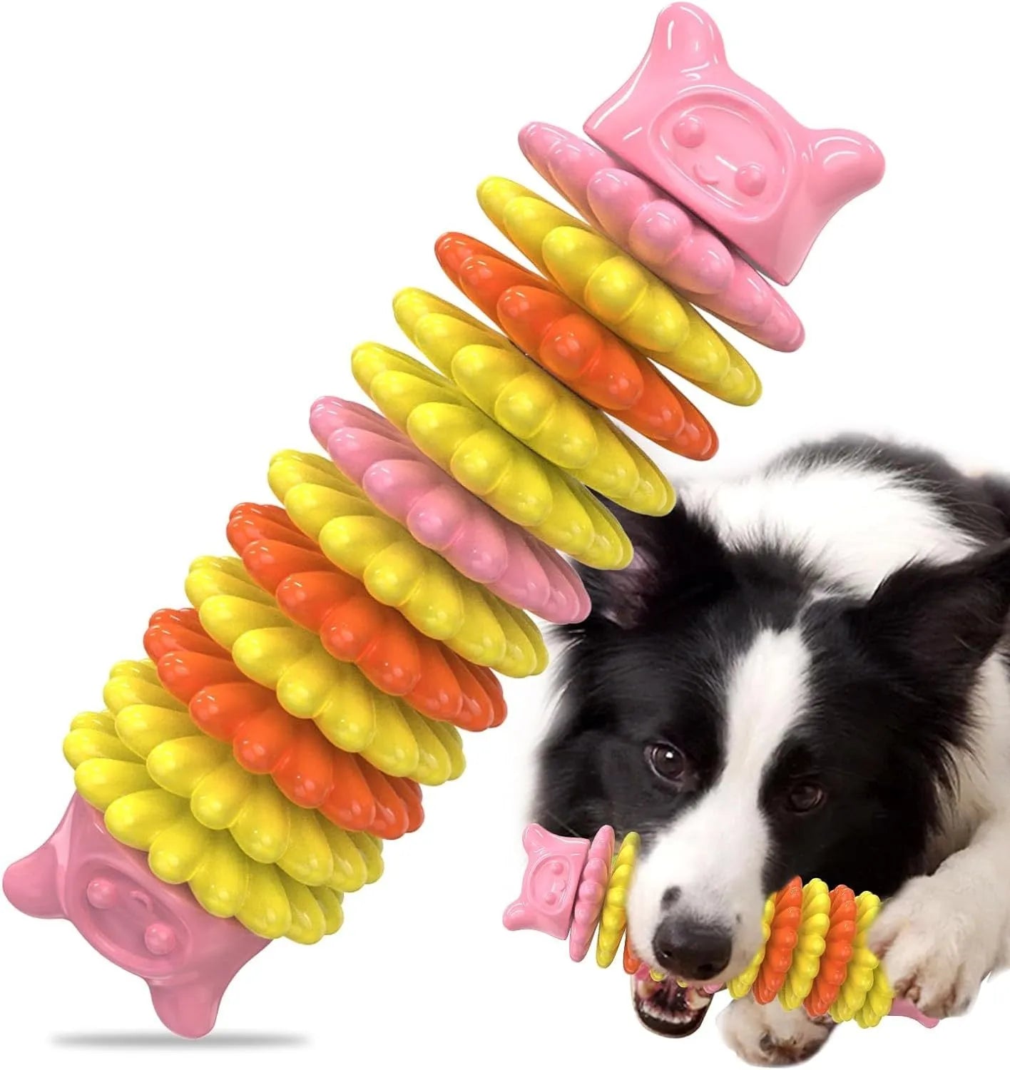 Blue, green, and pink caterpillar-shaped natural rubber dog chew toy on a white background.