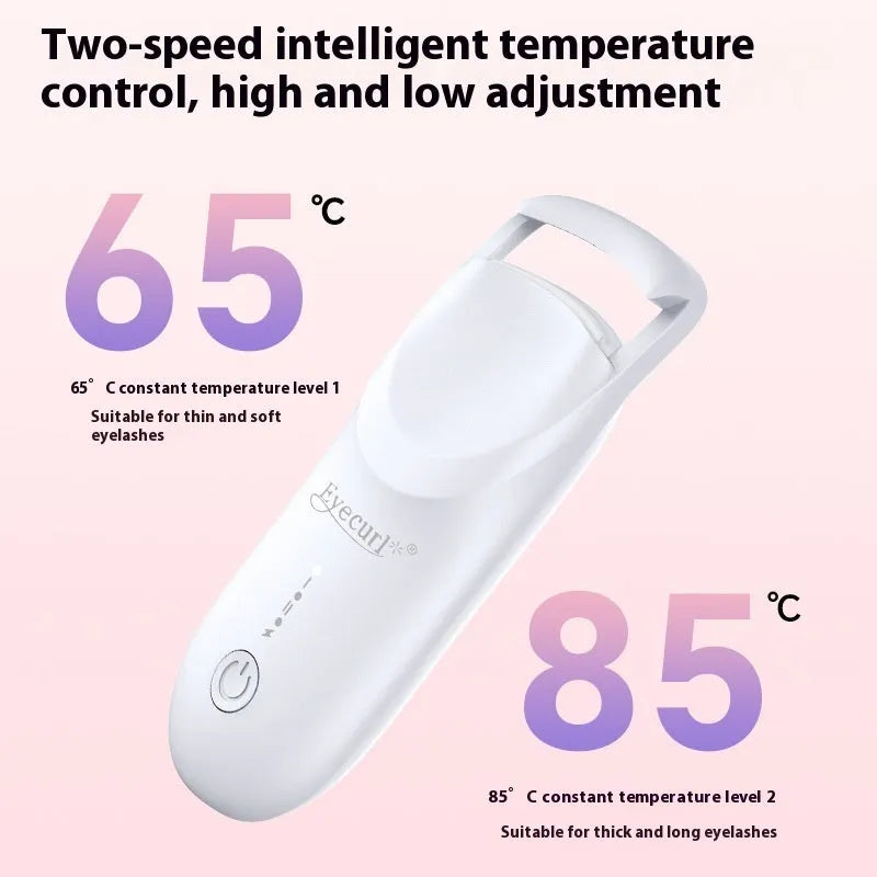 Plastic electric heating eyelash curler with USB cable in cream white, pink, or apricot.