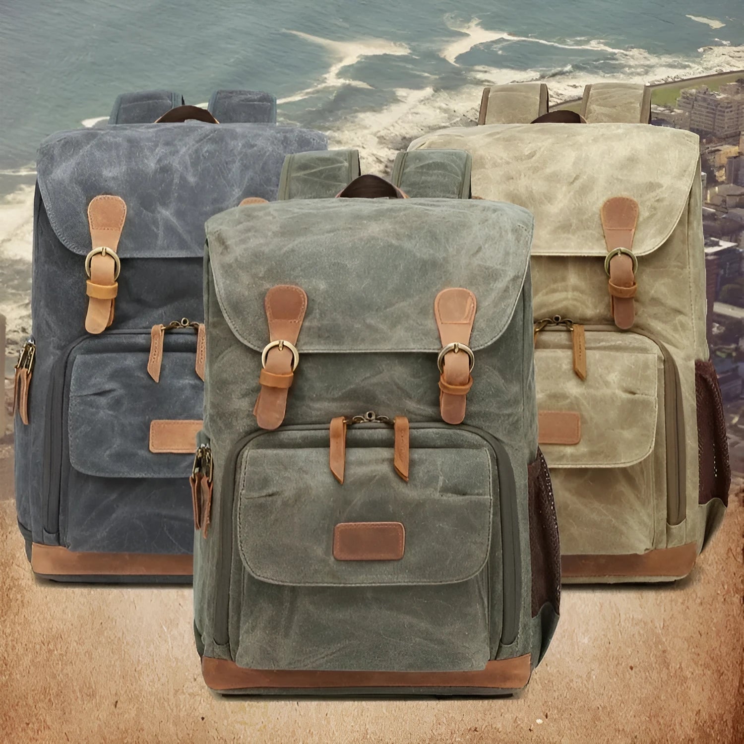 Canvas DSLR camera backpack in khaki colour with backpack straps and storage compartments
