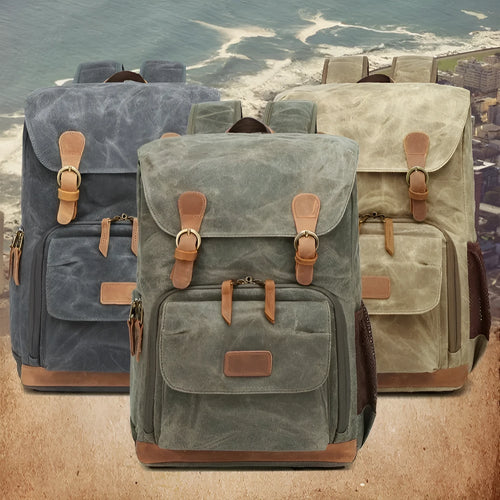 Canvas DSLR camera backpack in khaki colour with backpack straps and storage compartments