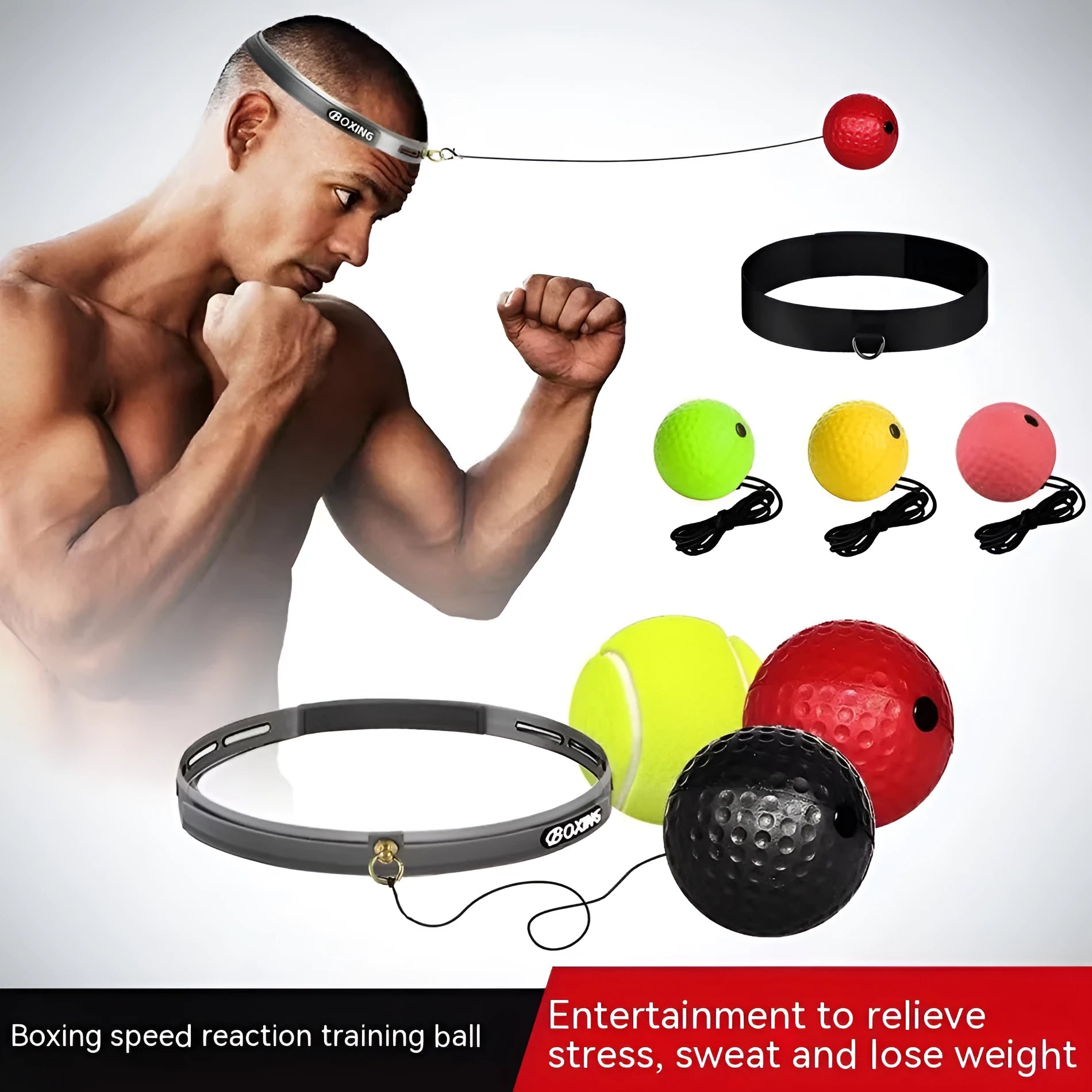 Head-mounted boxing reaction training ball with knitted and rubber adjustable headbands, shown with red, green, and yellow PU balls.