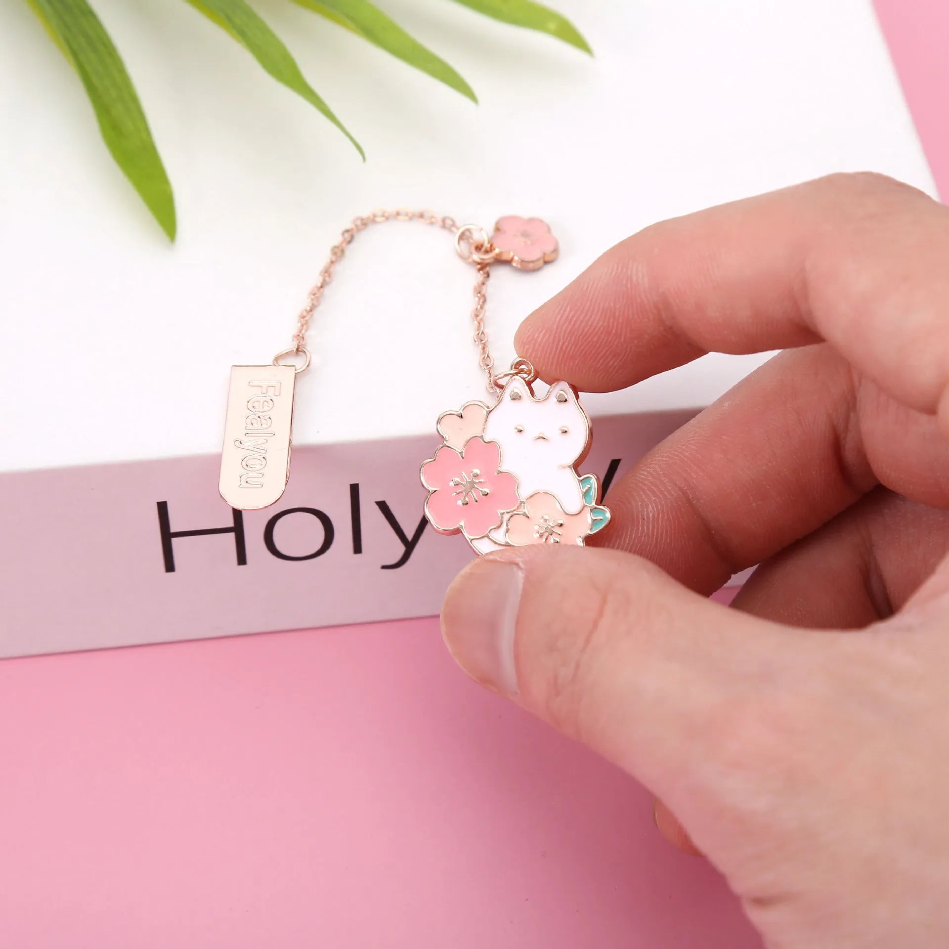 Metal pendant bookmark with cherry blossom cat and rabbit cartoon designs for books and journals