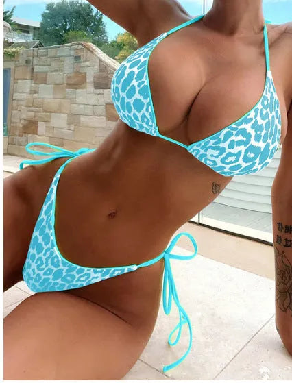 Women's lace-up triangle split bikini swimwear set with adjustable front in polyester fabric