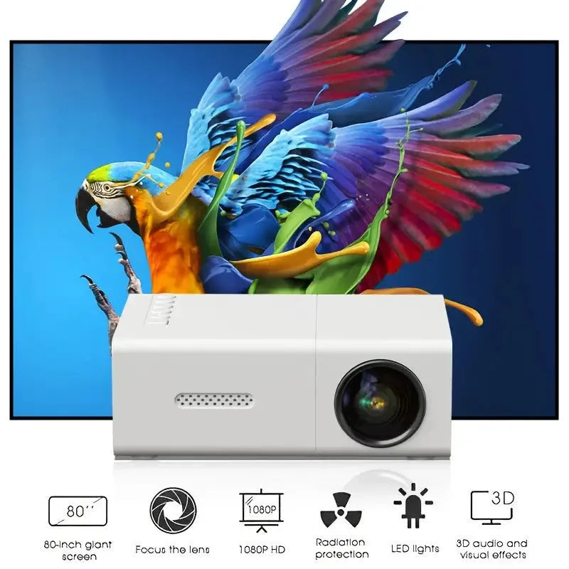 M100 Mini Home LED Projector in black or white, showing remote control and cables.