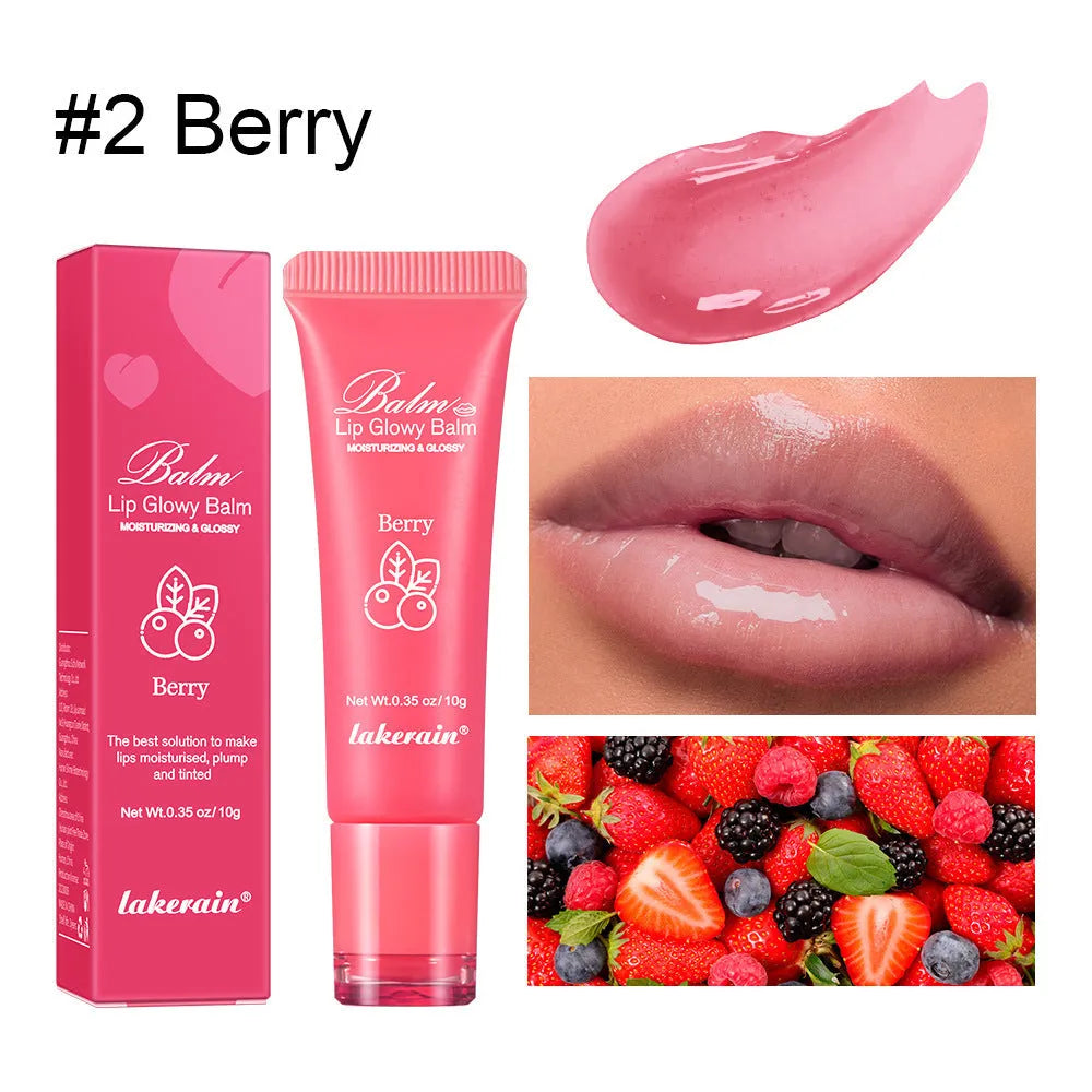 Women's lip gloss in four flavour varieties: yellow peach, berry, pomelo, and grape