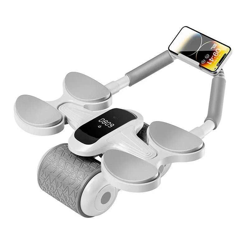 White belly roller fitness equipment with LED screen displaying timing and calorie count