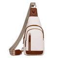Women's soft brown PU crossbody chest bag showing open outer pocket and street style design