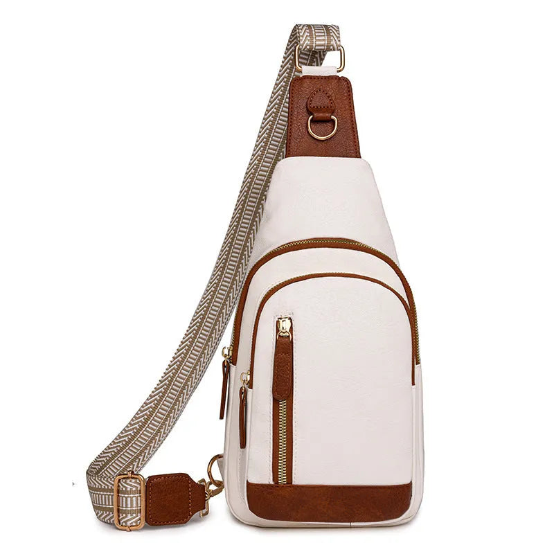Women's soft brown PU crossbody chest bag showing open outer pocket and street style design