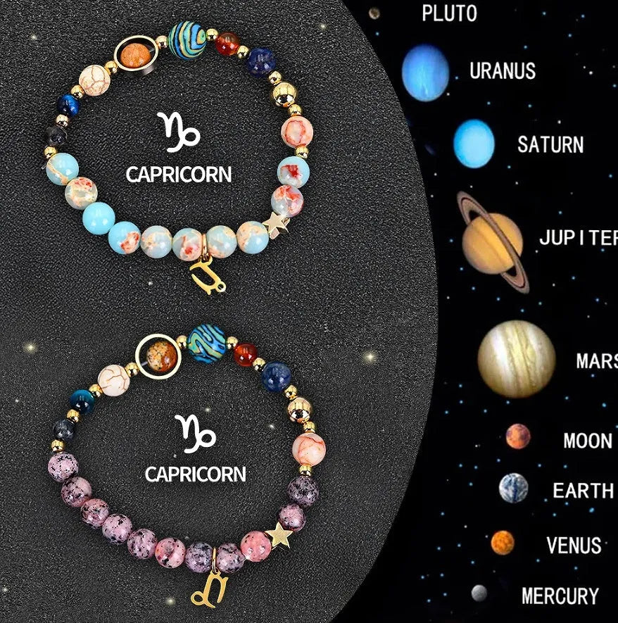 Two natural stone zodiac bracelets showing twelve different astrological styles on a neutral background