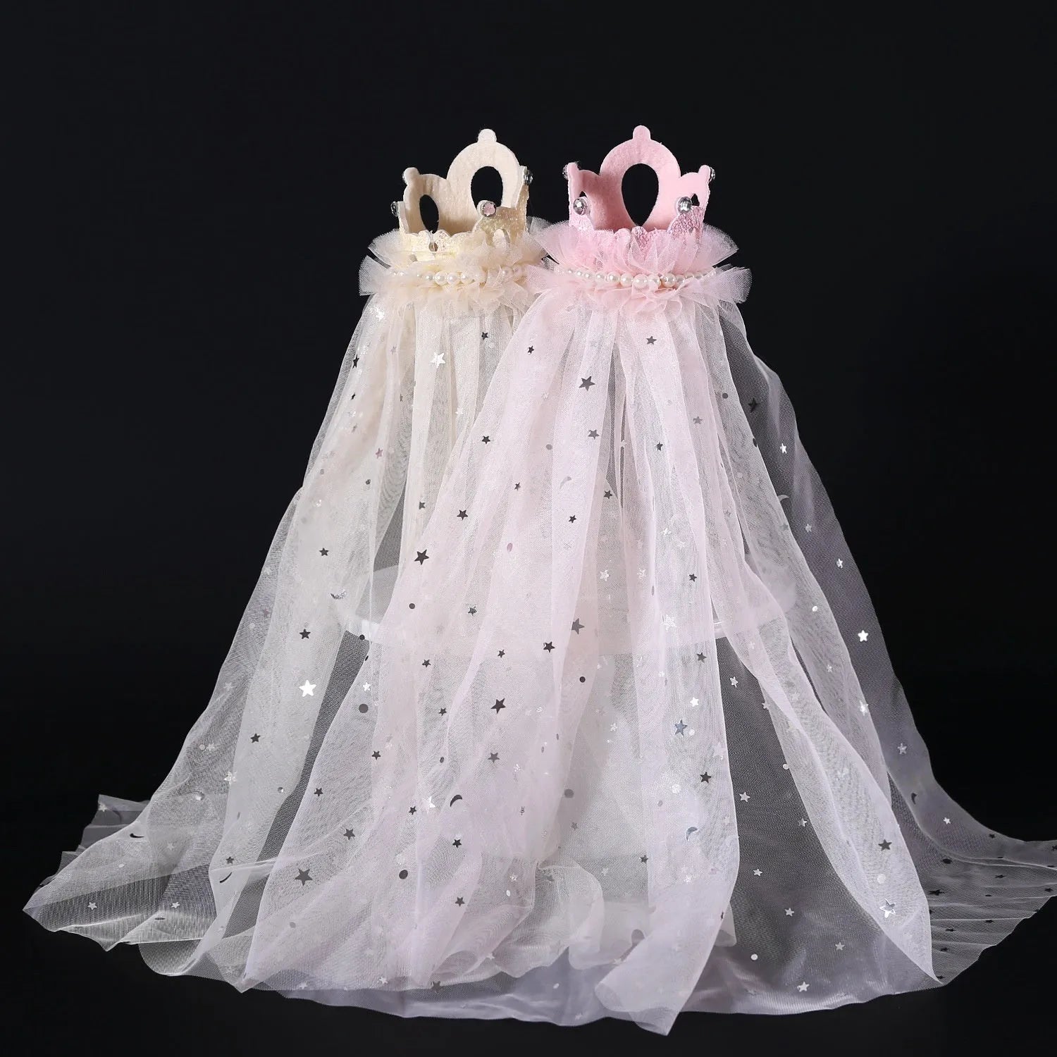 Adjustable princess crown headdress for cats in beige or pink veil options