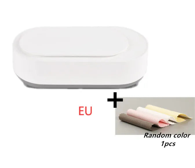 White portable ultrasonic cleaning machine with a stainless steel tank for jewellery and glasses.