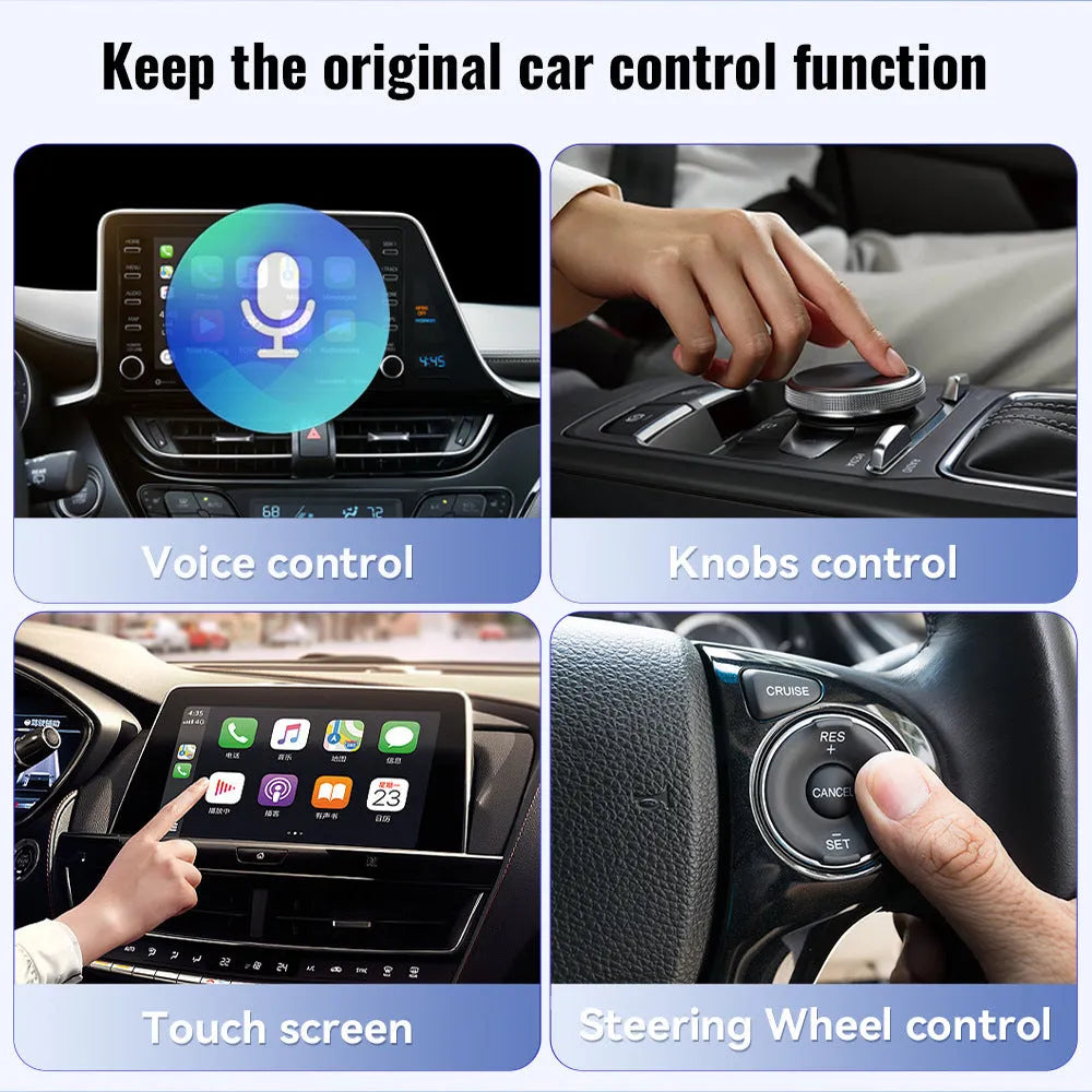 Black mini 2-in-1 CarPlay USB wireless data adapter showing compact dimensions