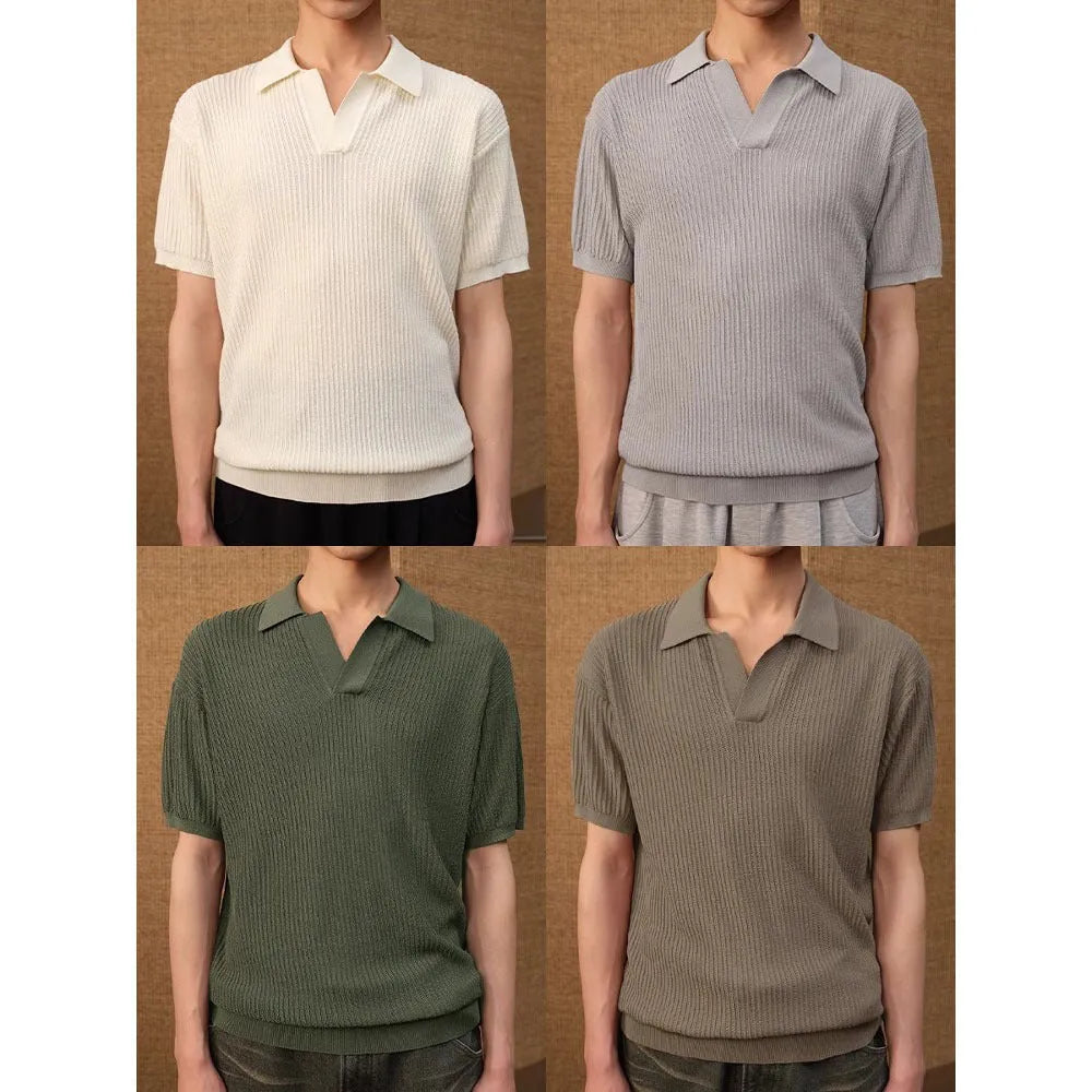 Men's creamy-white striped polo shirt with business collar on hanger