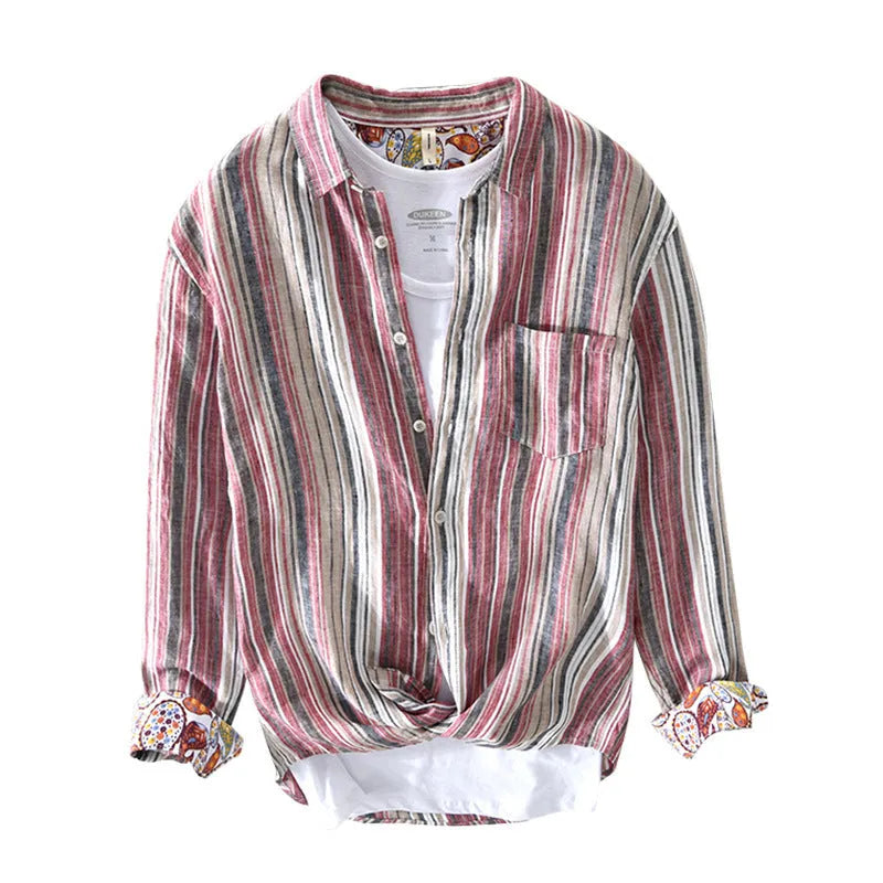 Men's loose fit striped linen shirt in red, shown on a model.