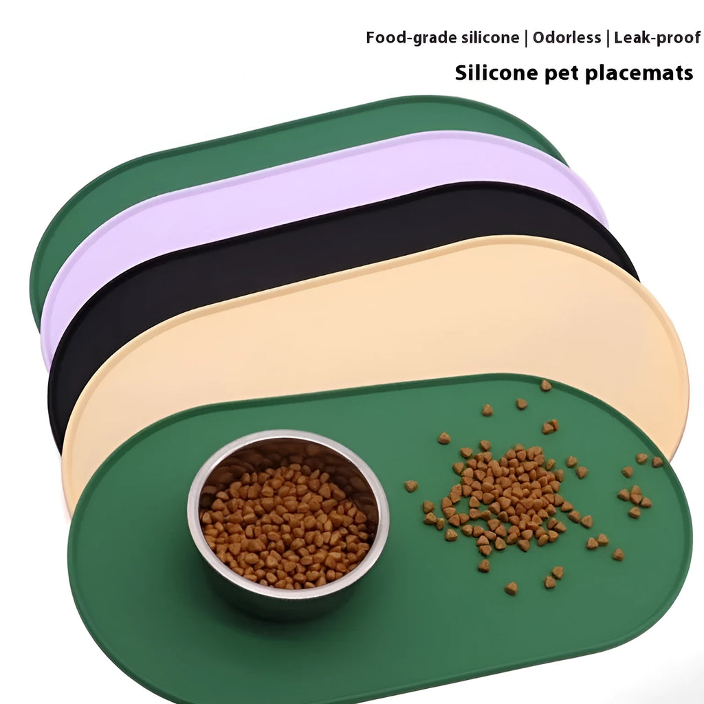 Silicone waterproof cat feeding placemat in beige colour showing size options