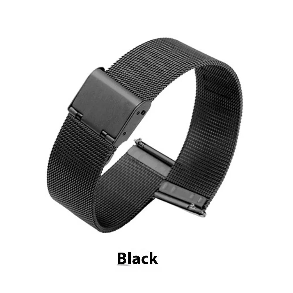 Milani silk woven stainless steel watch band in silver, showing linked metal weave.