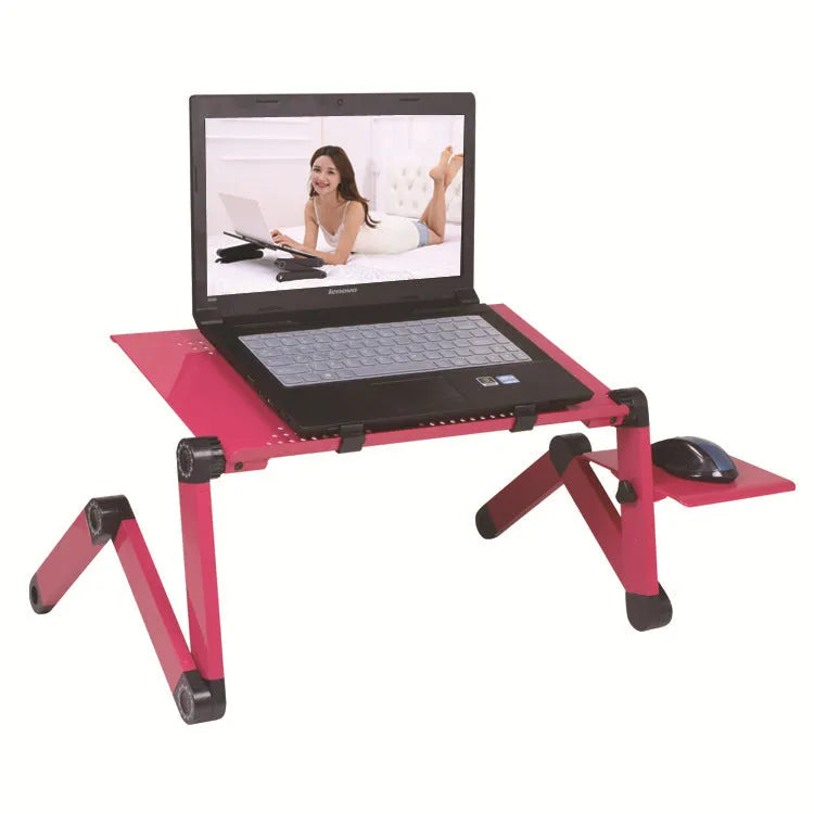 Red folding metal bed table with extended strap and cooling fan, holding a laptop.