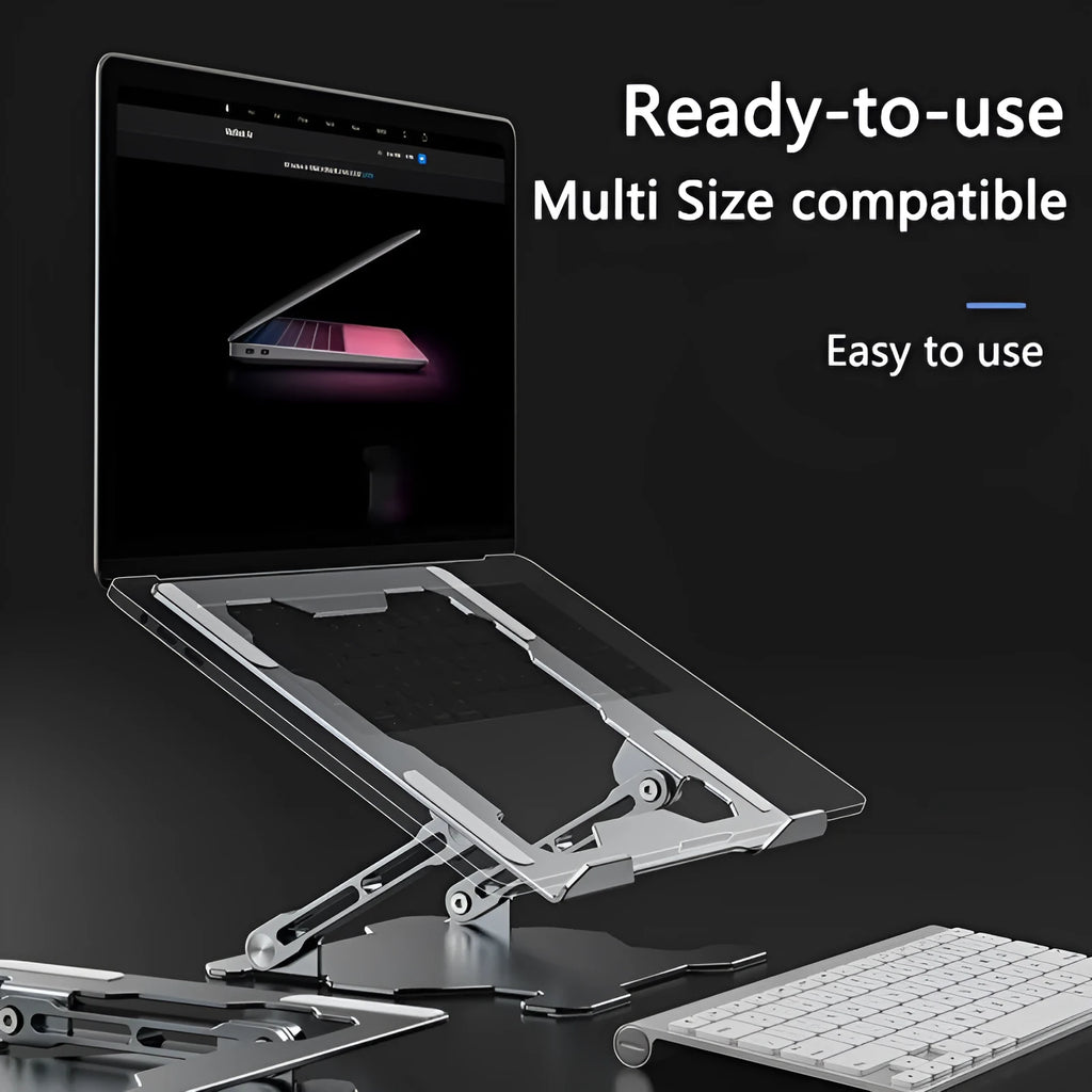 Grey aluminum laptop stand shown at an adjustable angle, folded flat, and holding a silver laptop.