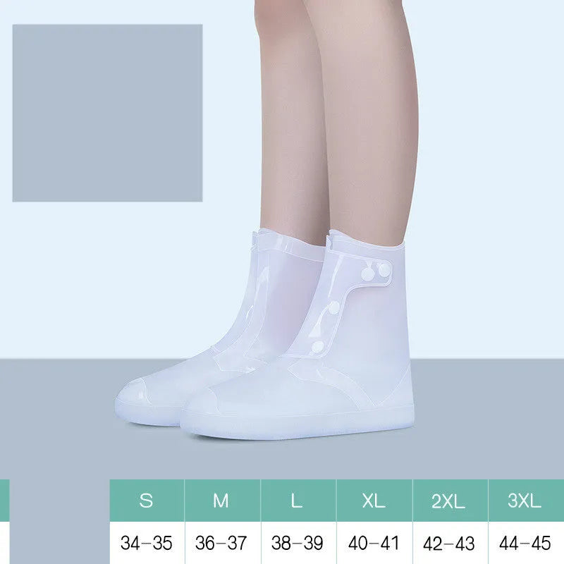 Women's white PVC high-top waterproof shoe covers with anti-skid soles for rainy day outdoor use