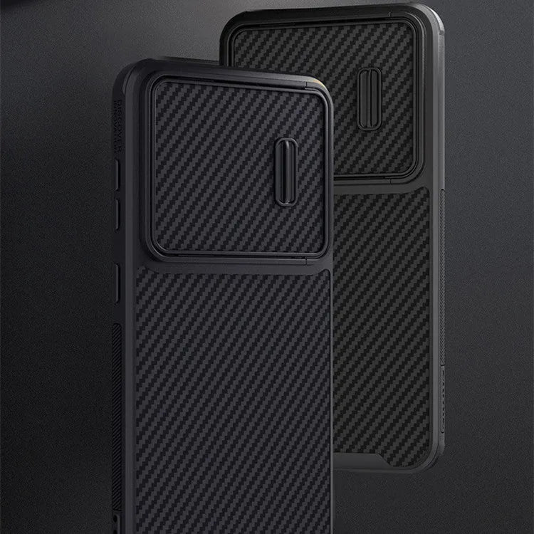 Black Samsung S23 phone case with a flip-up cover protecting the camera lenses.