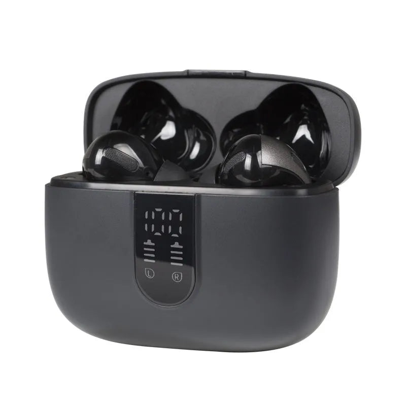 Jerry X08 wireless Bluetooth headphones with digital display and USB charging case in black colour