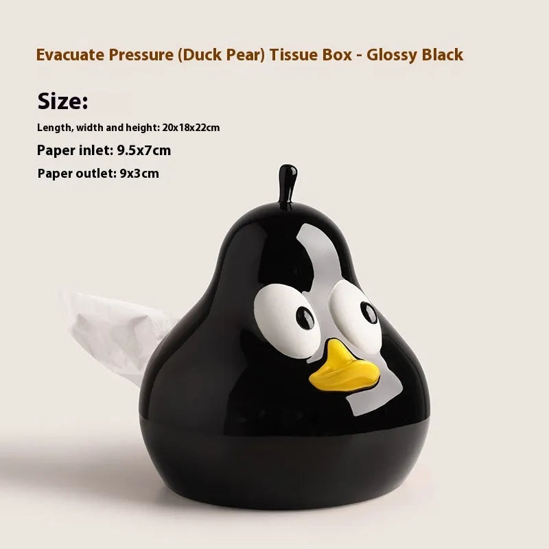 A cute pear-shaped white ceramic tissue box holder with an animal design, shown in green and black colour options.