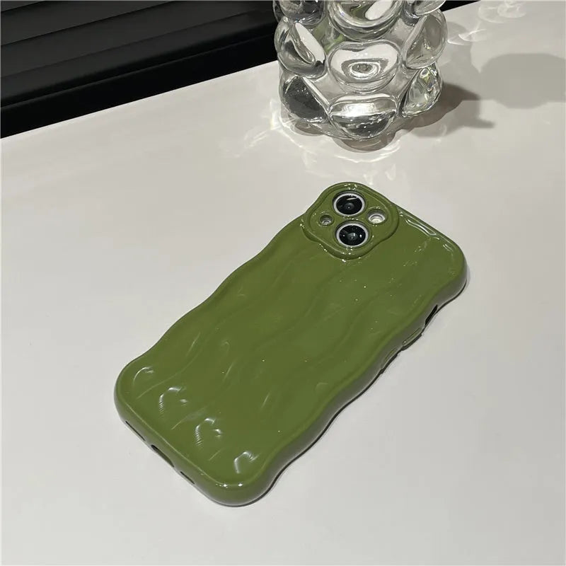 iPhone 17 silicone phone case with water ripple texture in green, purple, silver, beige, or burgundy
