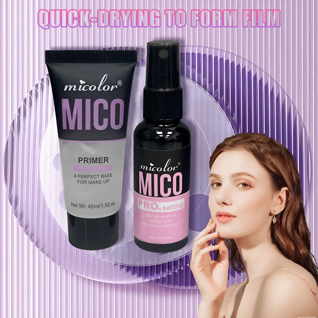 Monochrome bottle of two-in-one hydrating makeup primer and final sealer spray set.