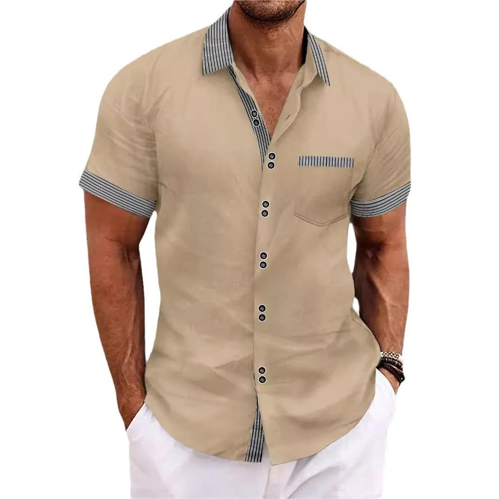 Striped double button short sleeve casual shirt in pure cotton with slim fit styling