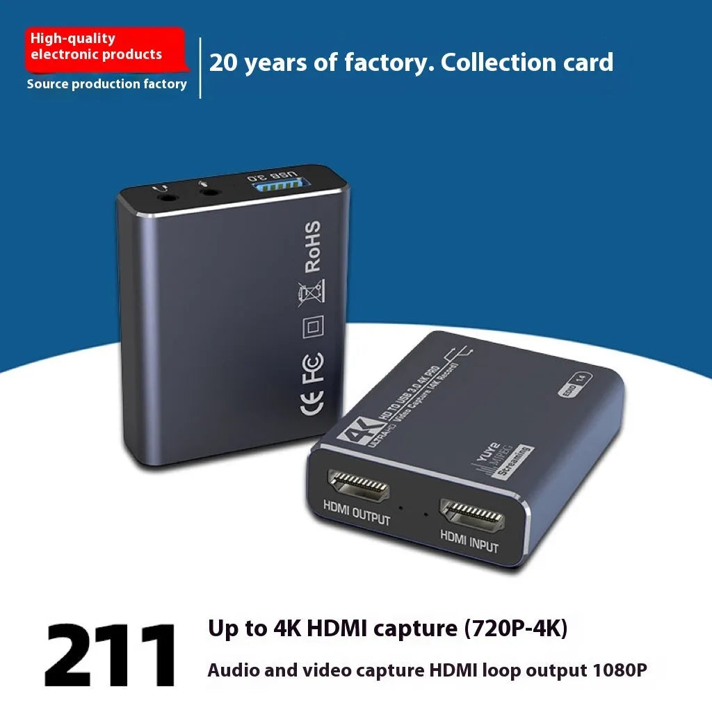 Black 4K gaming set-top box with MS2131 chip for audio recording and 1080p media playback.