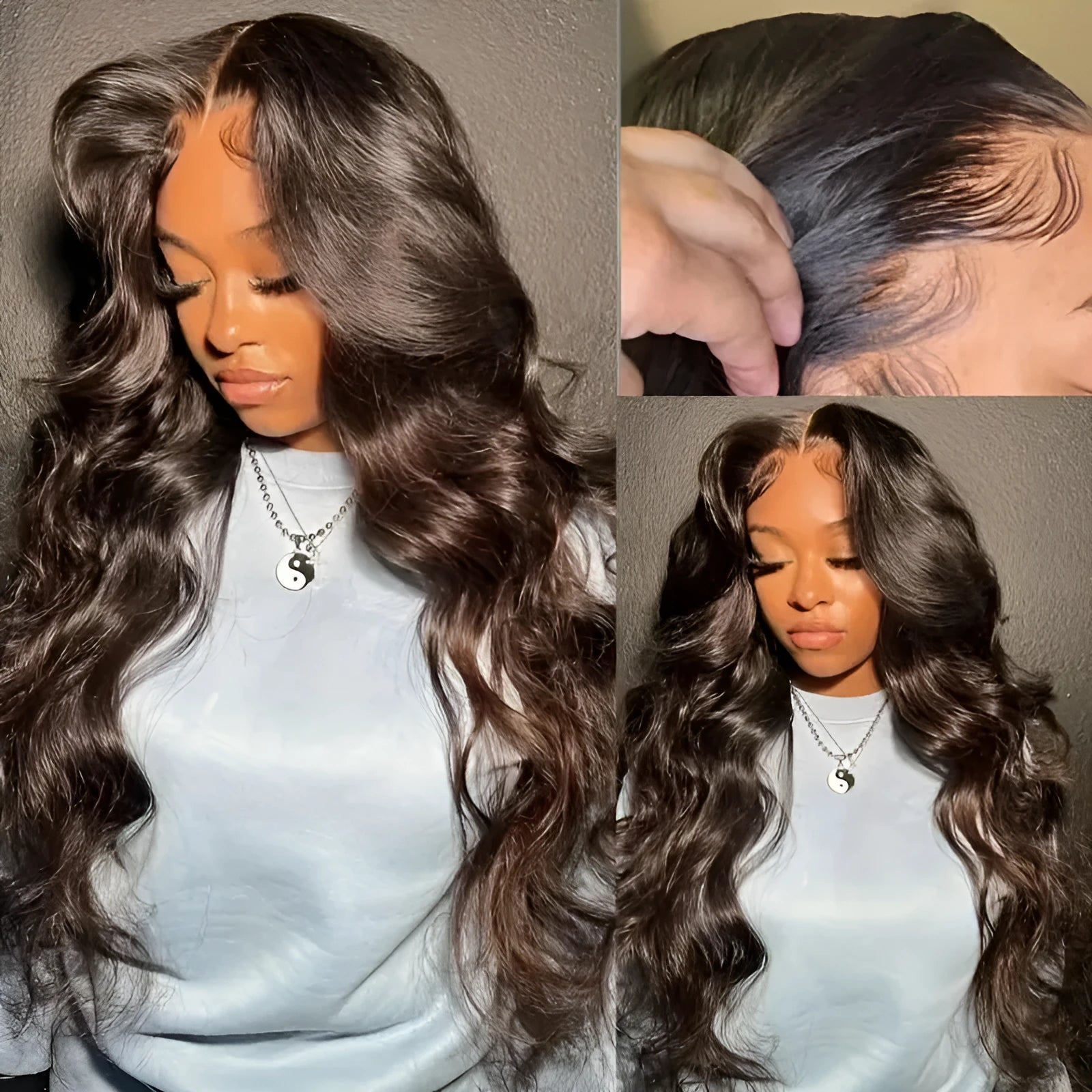 Dark brown long curly front lace wig with side bangs on a model